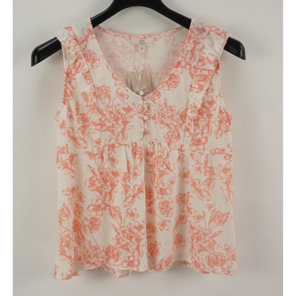 New Como Vintage Linen Blend Ruffle Tank Top White Coral Floral Women's Large